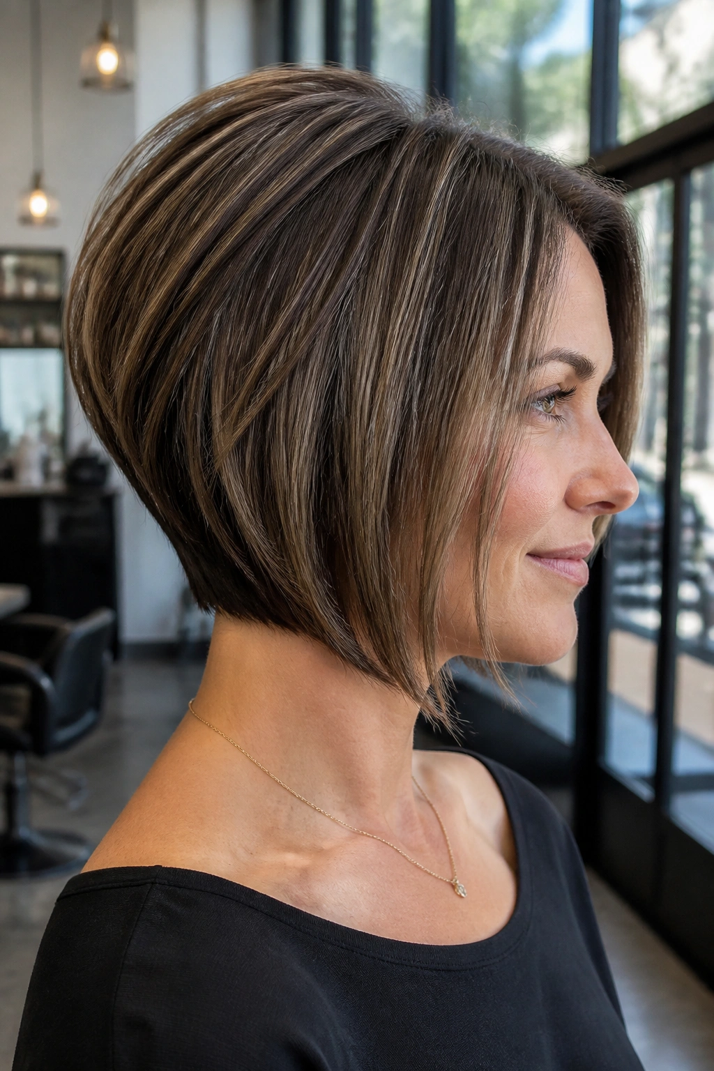 Real person wearing a graduated stacked bob in an urban setting.