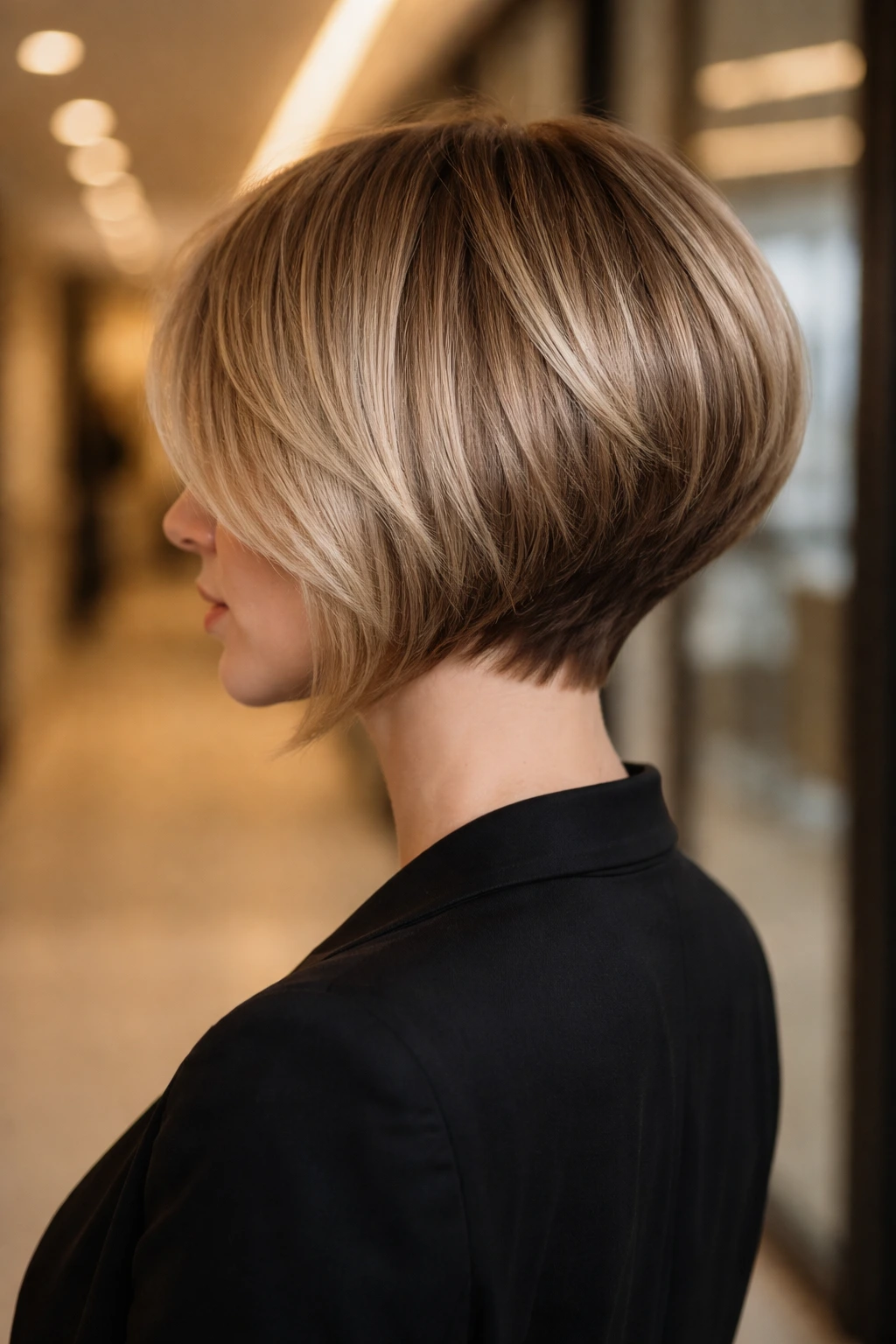 3/4 profile portrait of real person with graduated stacked bob in office light