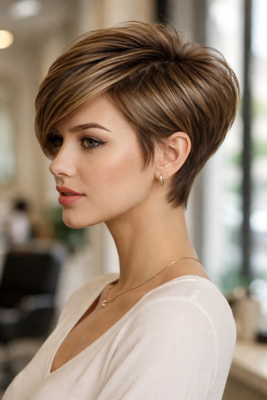 Real woman with graduated stacked pixie showing crown stack and longer front.