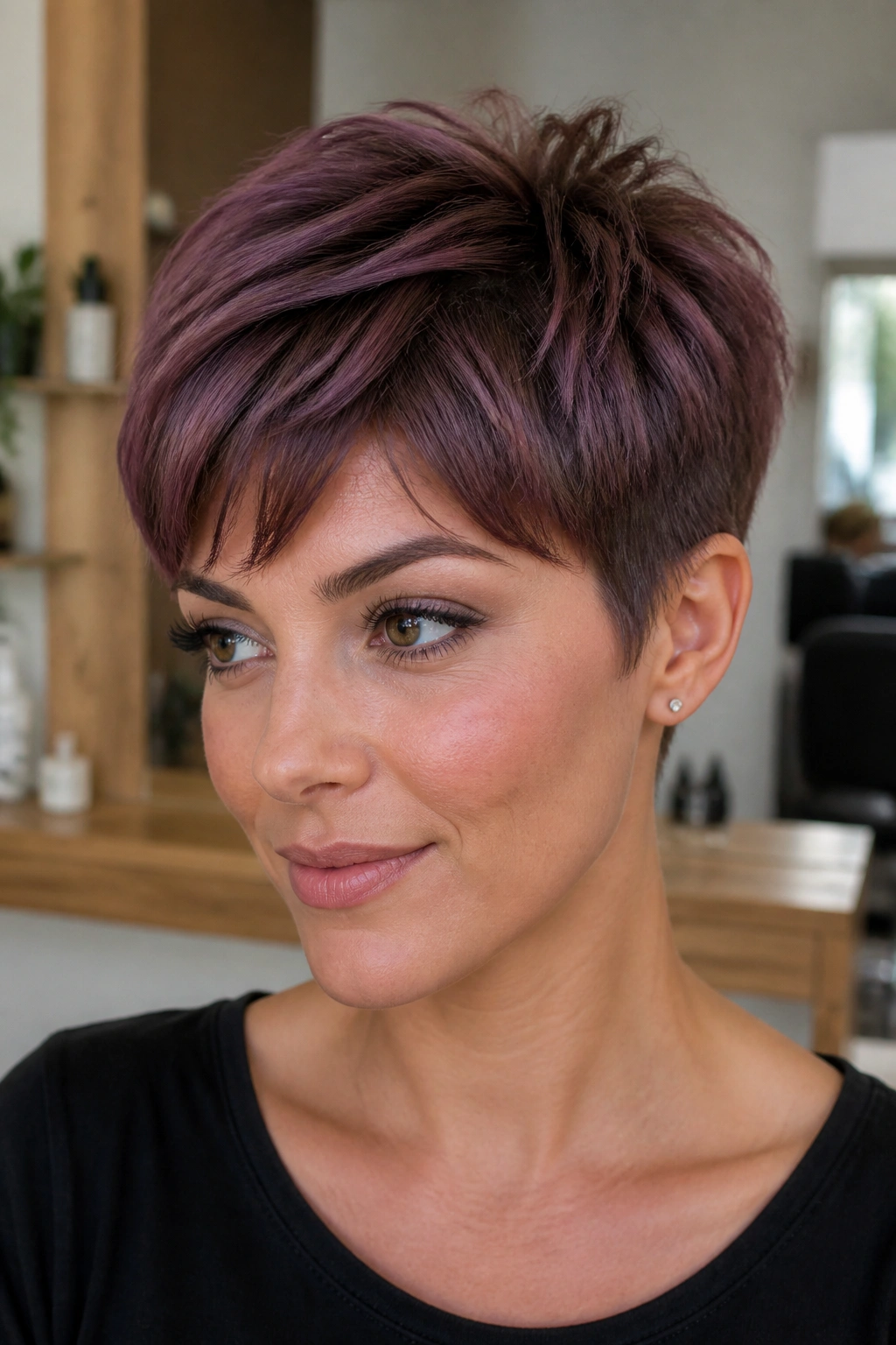 Portrait of a woman with grape-brown root melt pixie