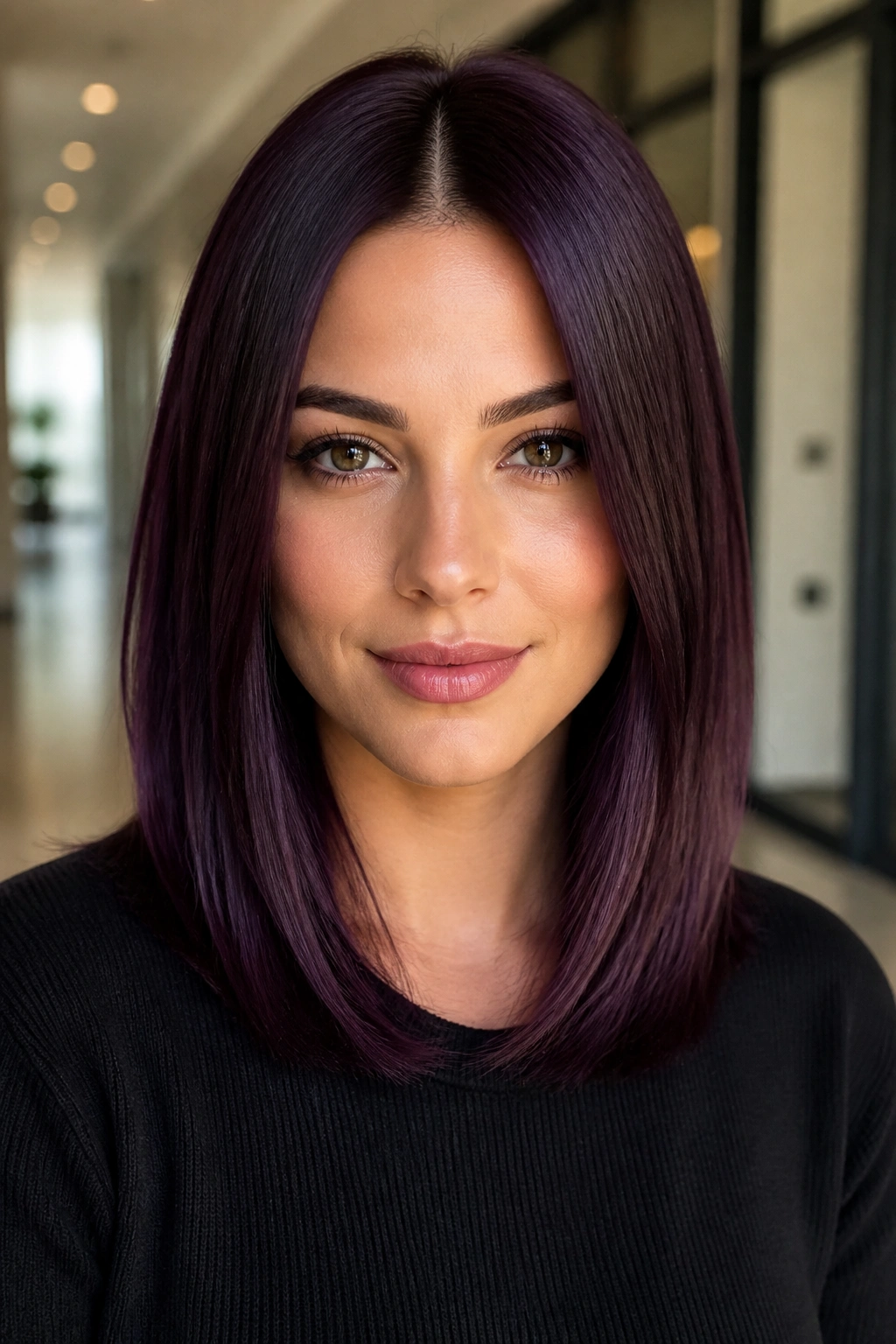 Real woman with straight mid-length hair wearing grape gloss color.