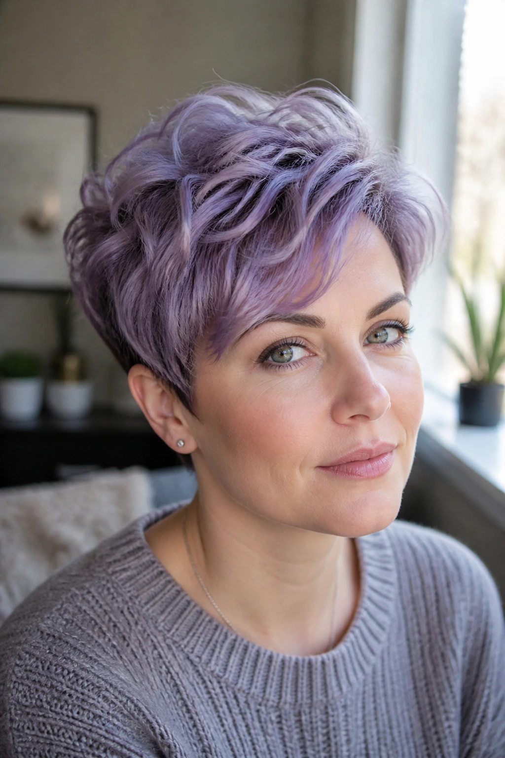 Close-up portrait of a real woman with grape ice pixie and loose waves