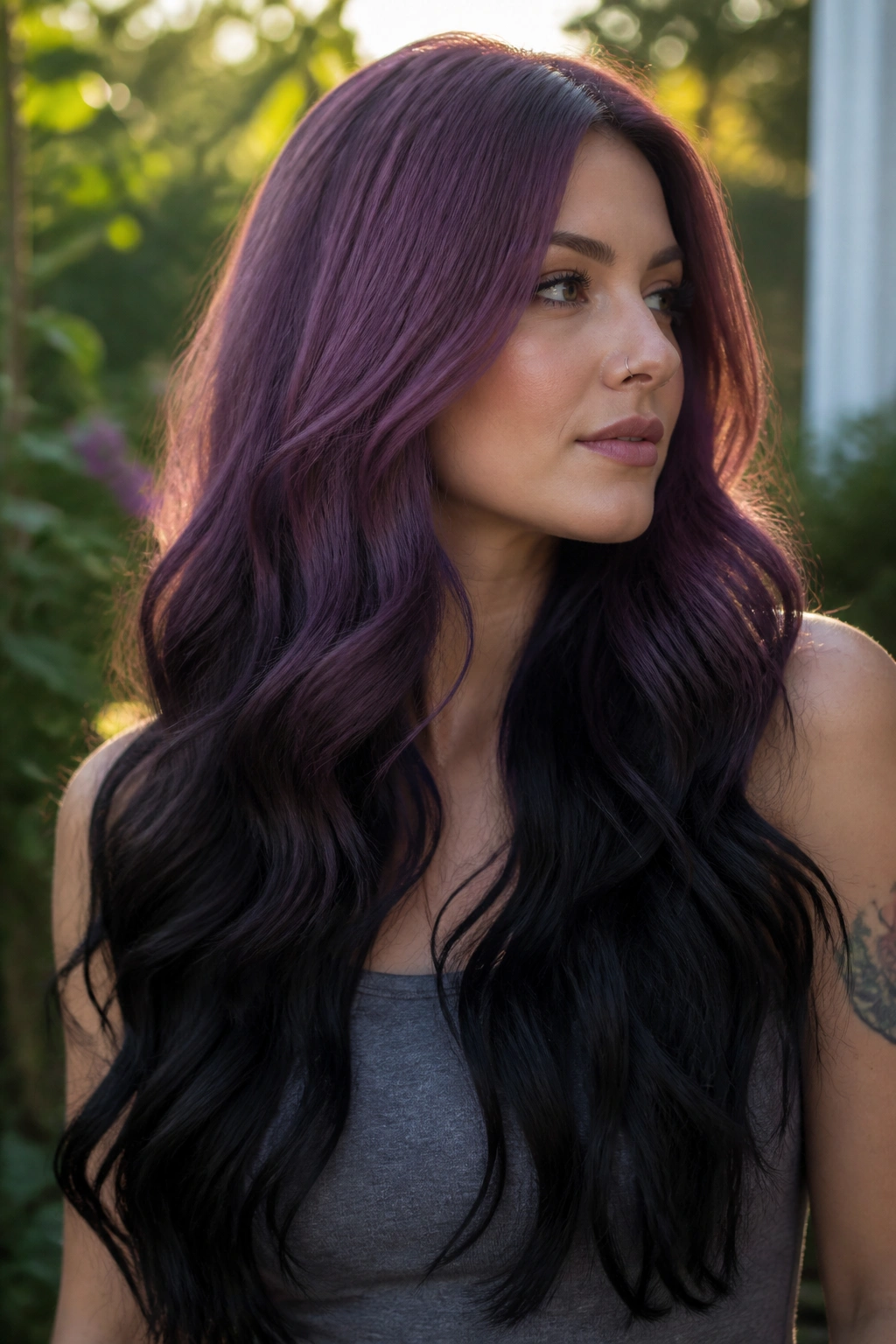 Portrait of a person with grape-to-black ombré hair.
