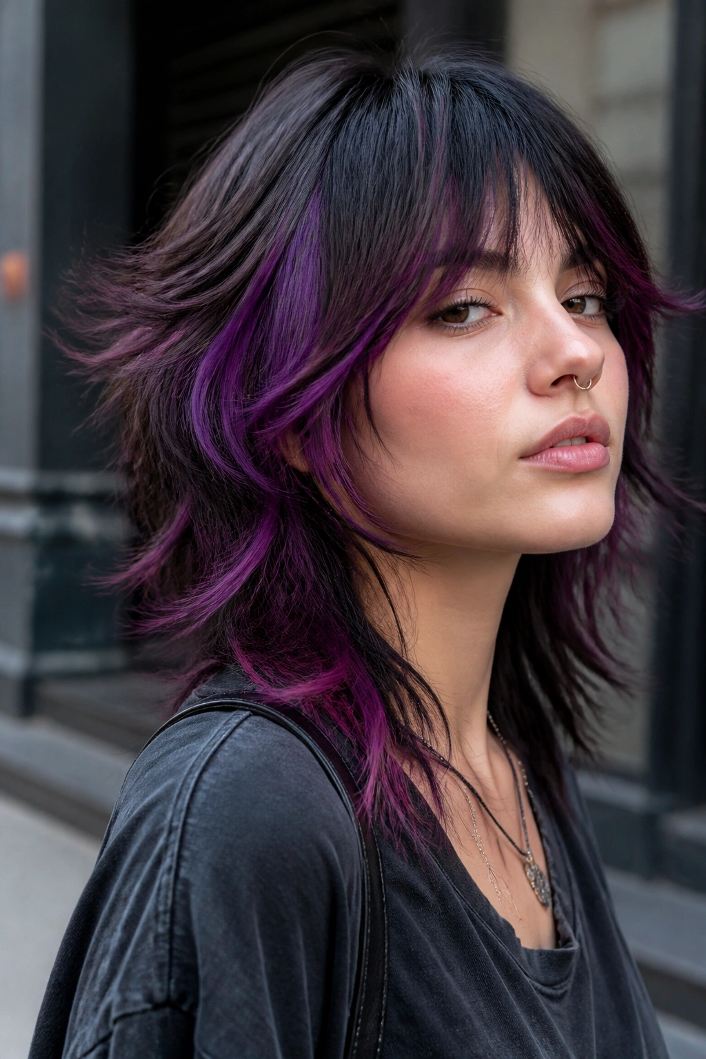 Portrait of a person with chunky grape panels in a shag haircut