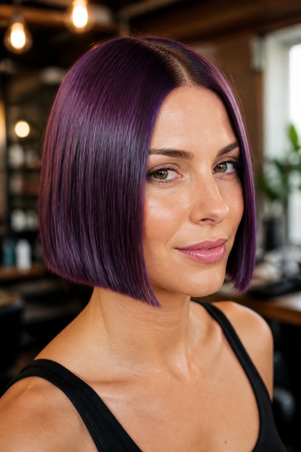 Close-up portrait of a real person with a glossy grape-purple bob and center part