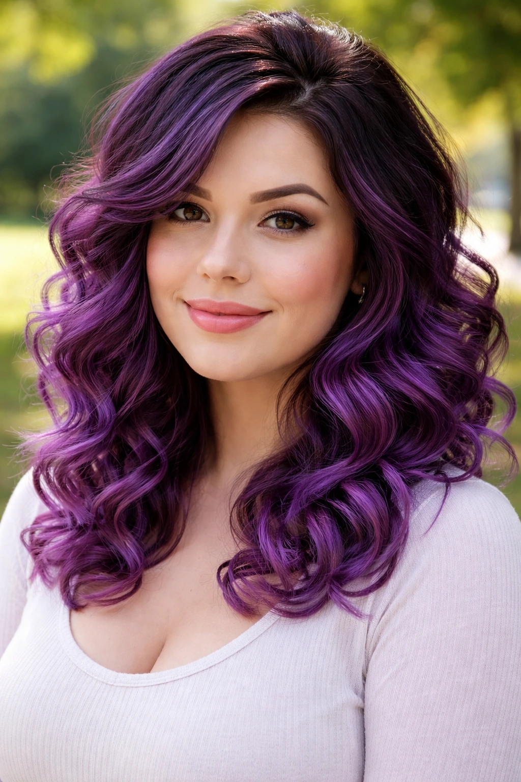 Close-up of a real person with grape soda curls and darker roots