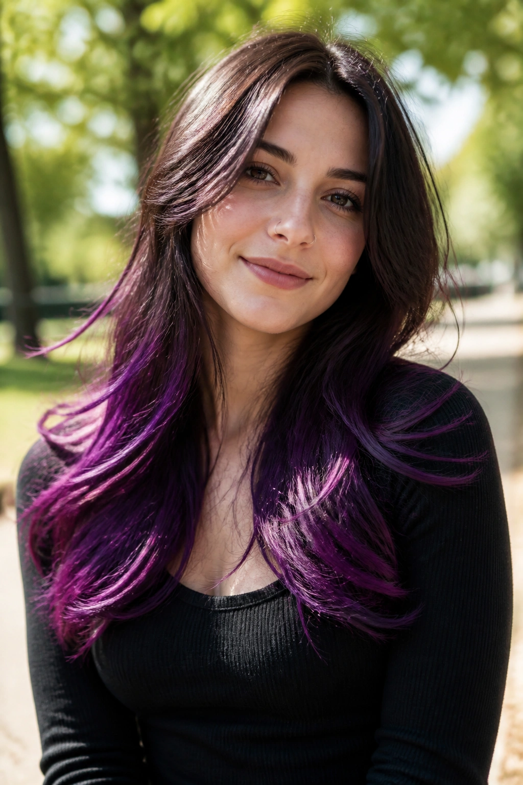 Medium close-up of a person with grape soda purple ends on layered hair
