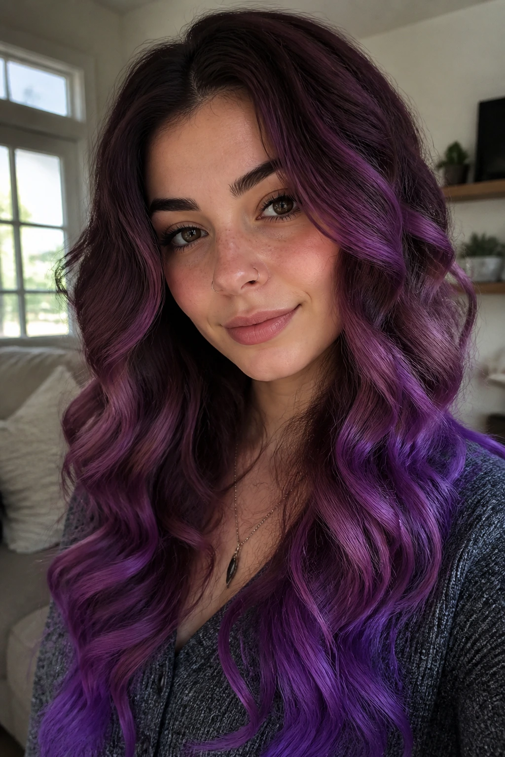Close-up portrait of a real person with grape soda gradient on long curls