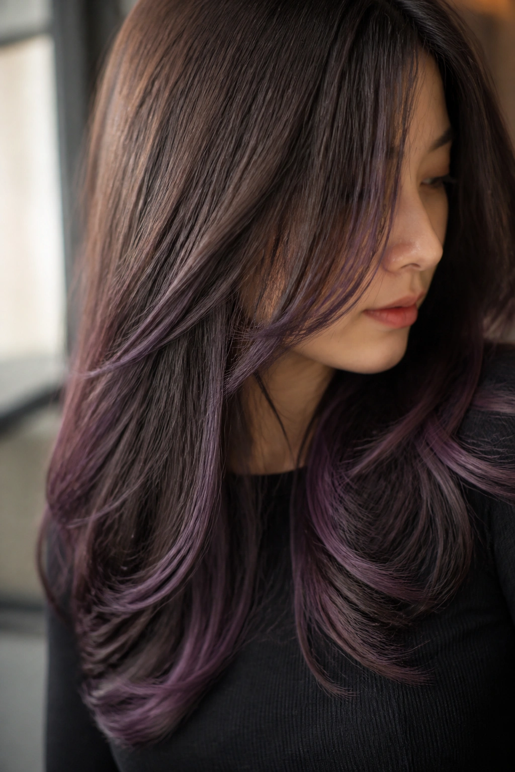 Close-up of a real woman with grape-tinted ribbons in layered hair