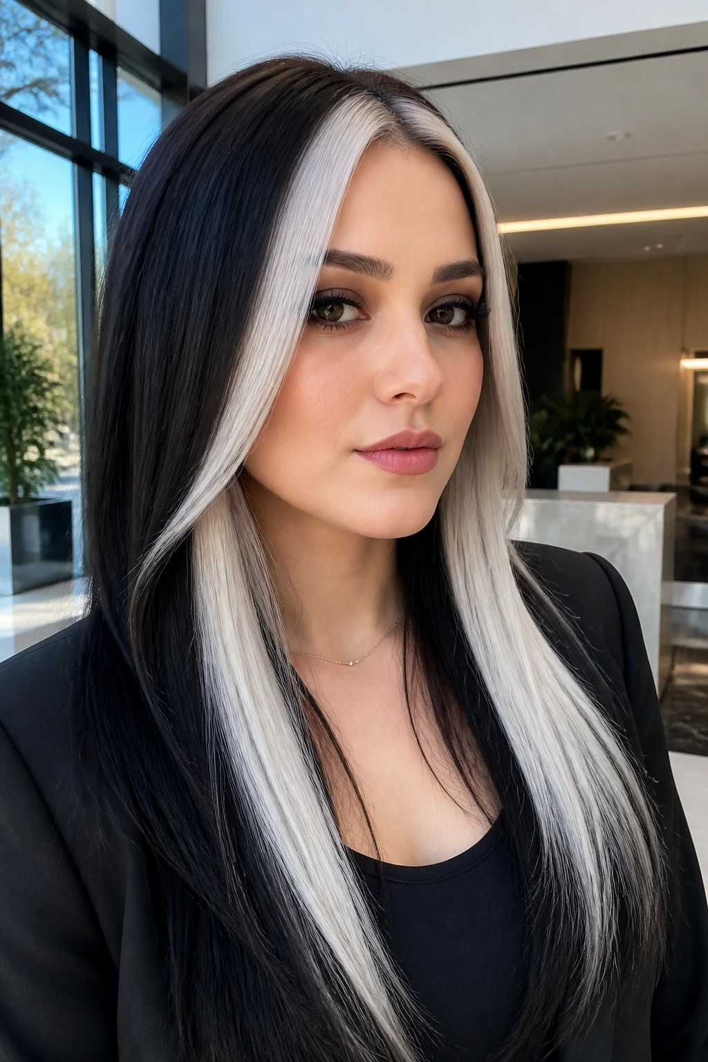 Close-up of a real person showing bold vertical panels of black and white hair.