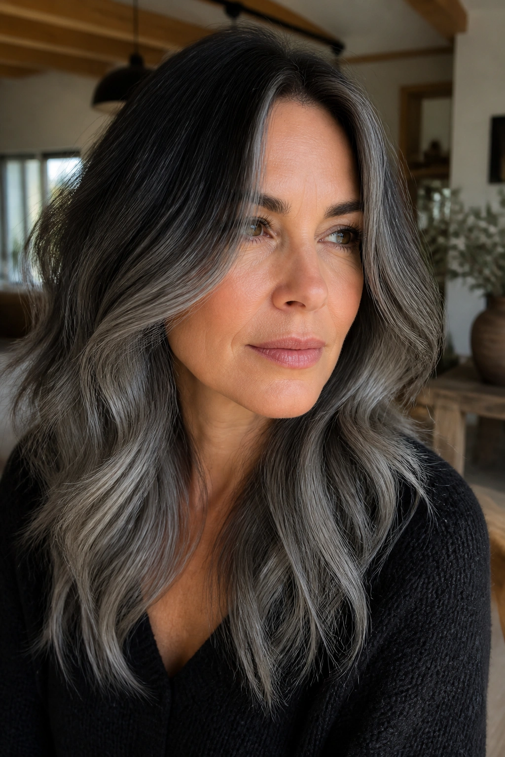 Close-up of a woman with graphite roots and ash balayage on mid-length hair