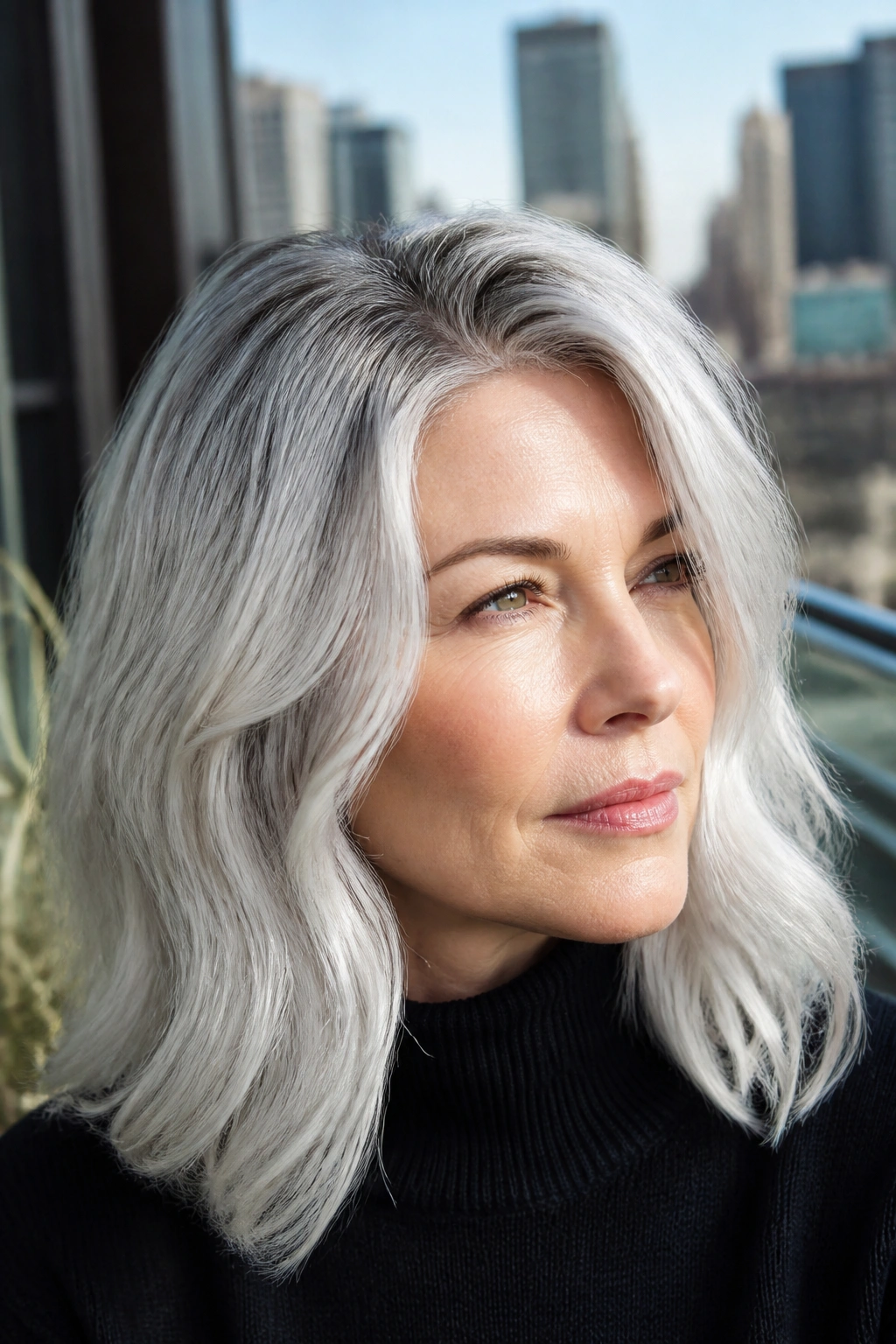 Close-up portrait with graphite ash root and icy ends on cool skin.