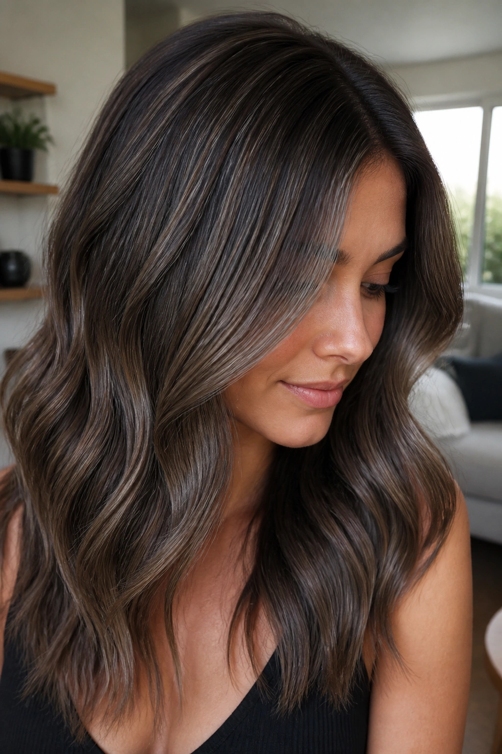 Close-up of a real person with graphite babylights on medium brown hair