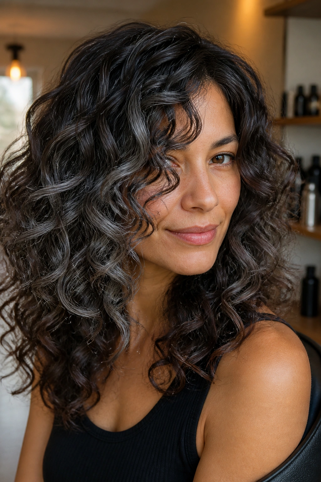 Close-up of a real person with curly hair featuring cool graphite balayage