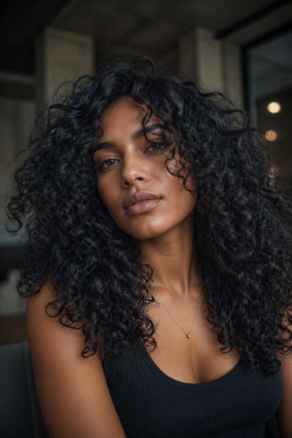 Real person with graphite black curls showing cool texture