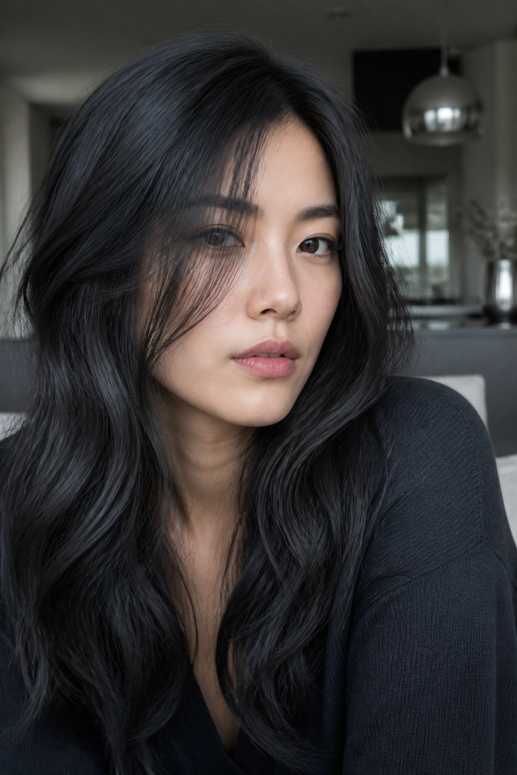 Close-up portrait of a real person with graphite black hair
