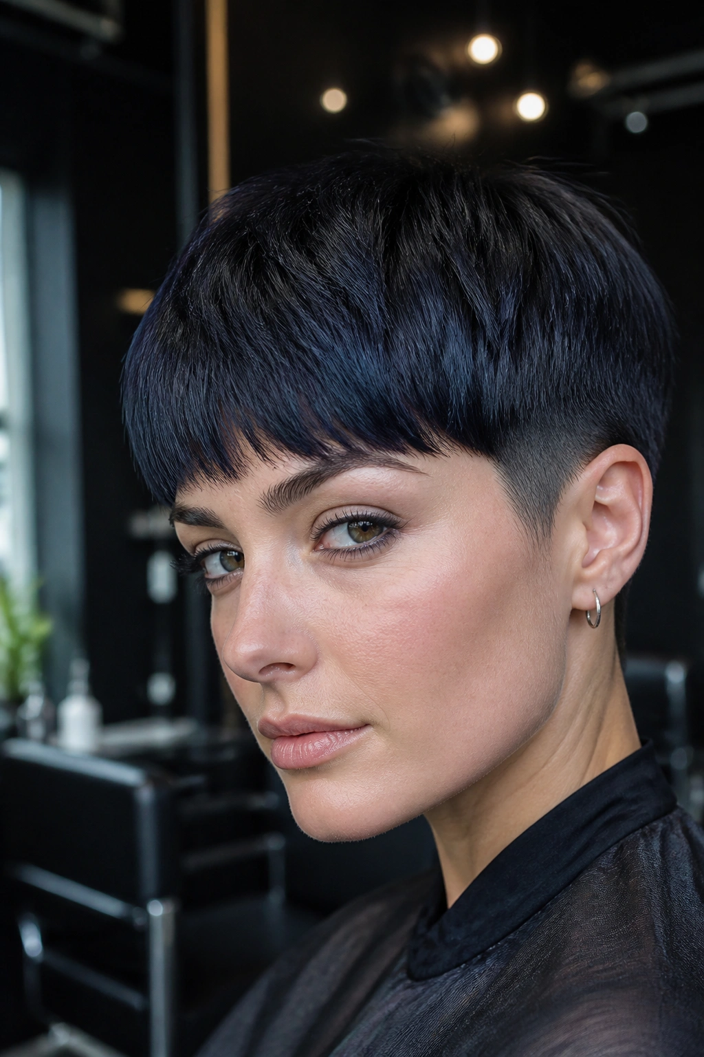 Graphite blue-black cropped hairstyle on a real person with blue-gray sheen