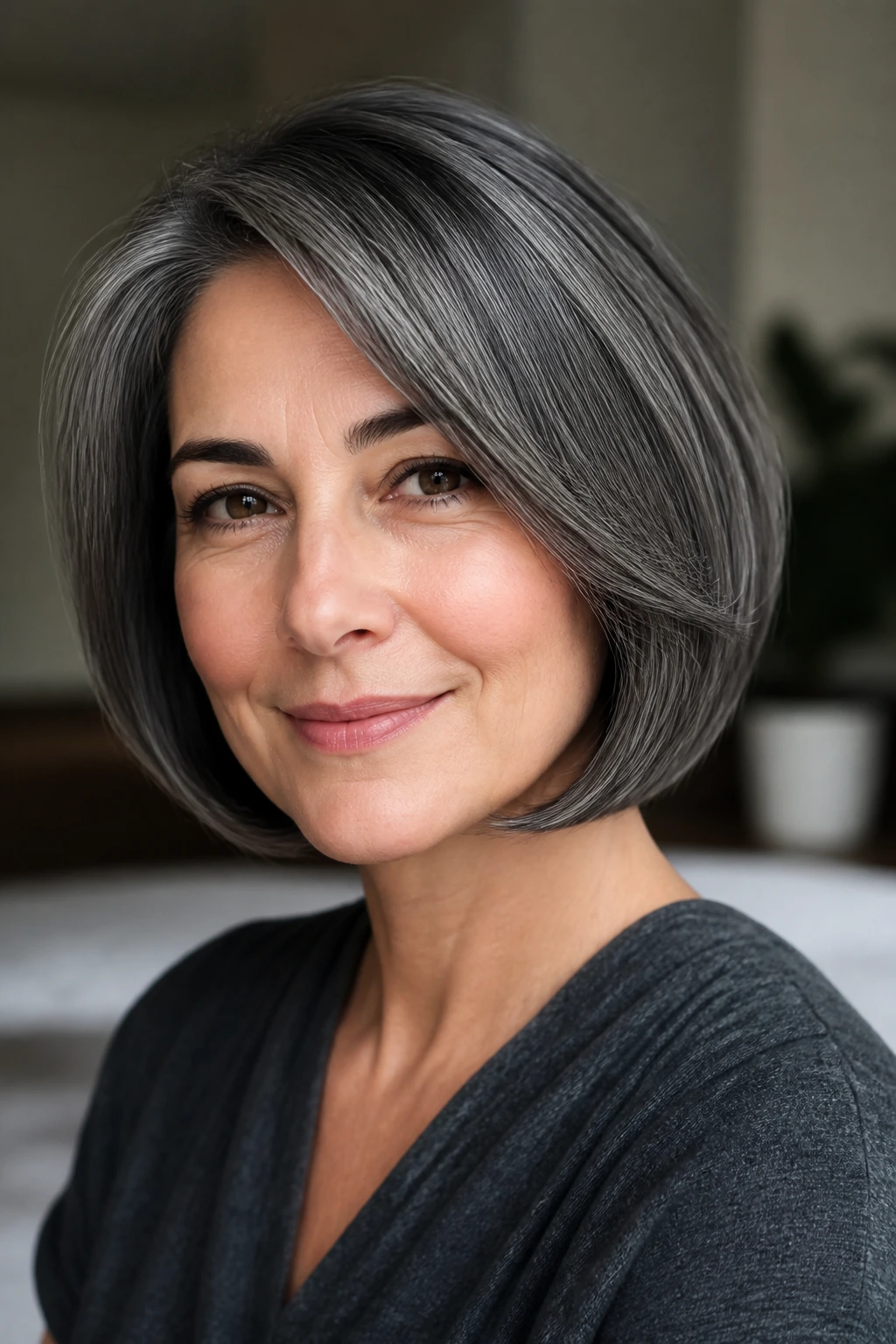 Close-up portrait of a real woman with a soft graphite bob and curved ends.