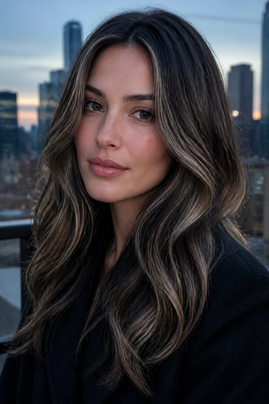 Close-up of a real woman with Graphite Bronde and micro highlights