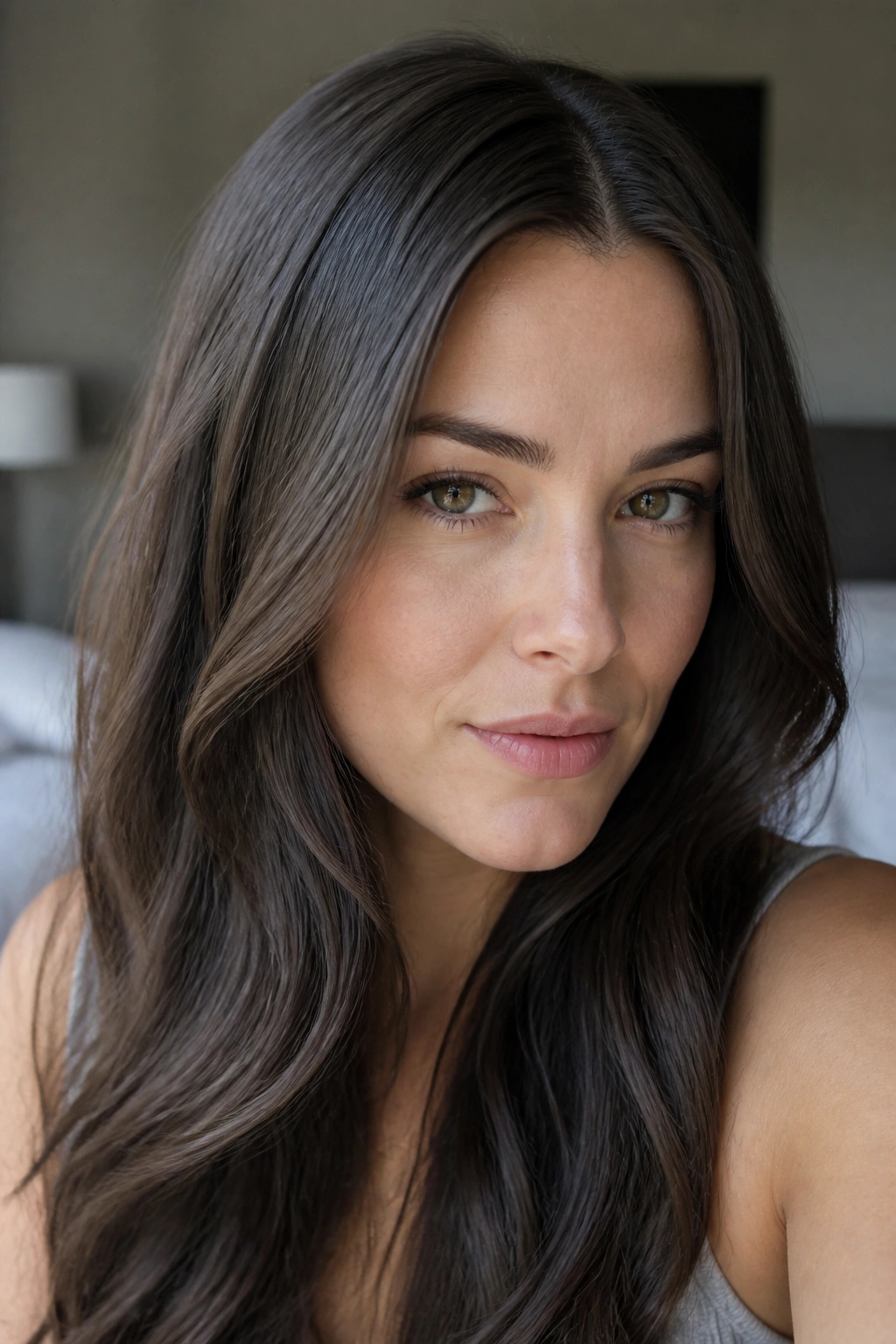 Close-up of a real person with graphite brown hair illuminated by natural window light