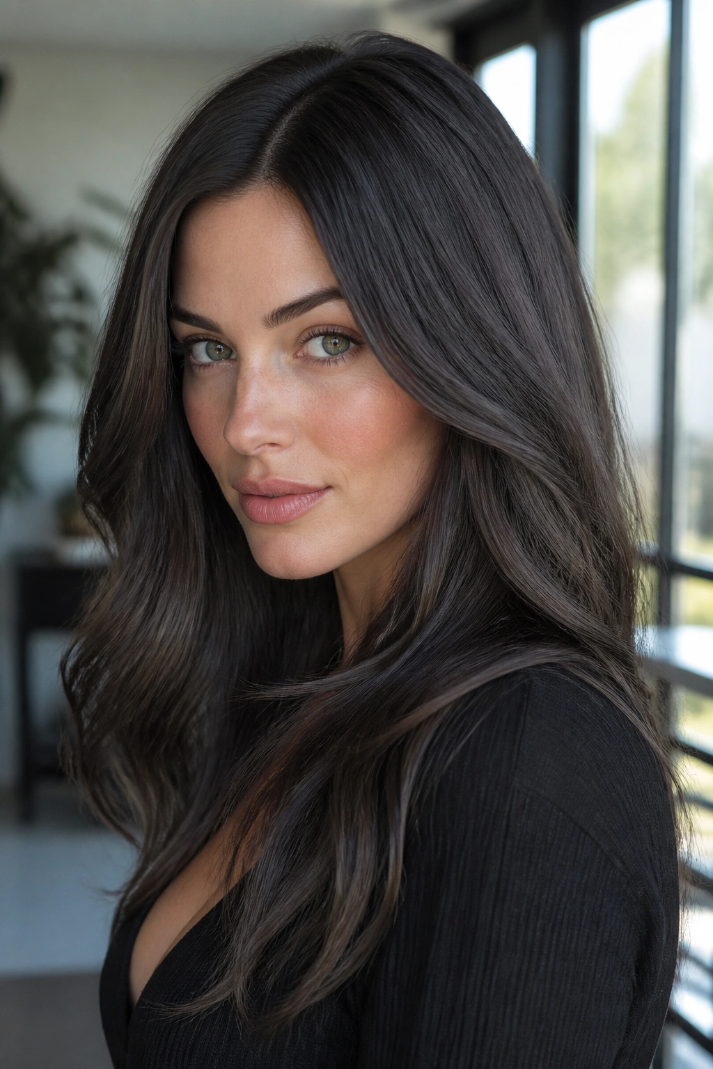 Portrait of a person with graphite brunette hair and cool skin tones.