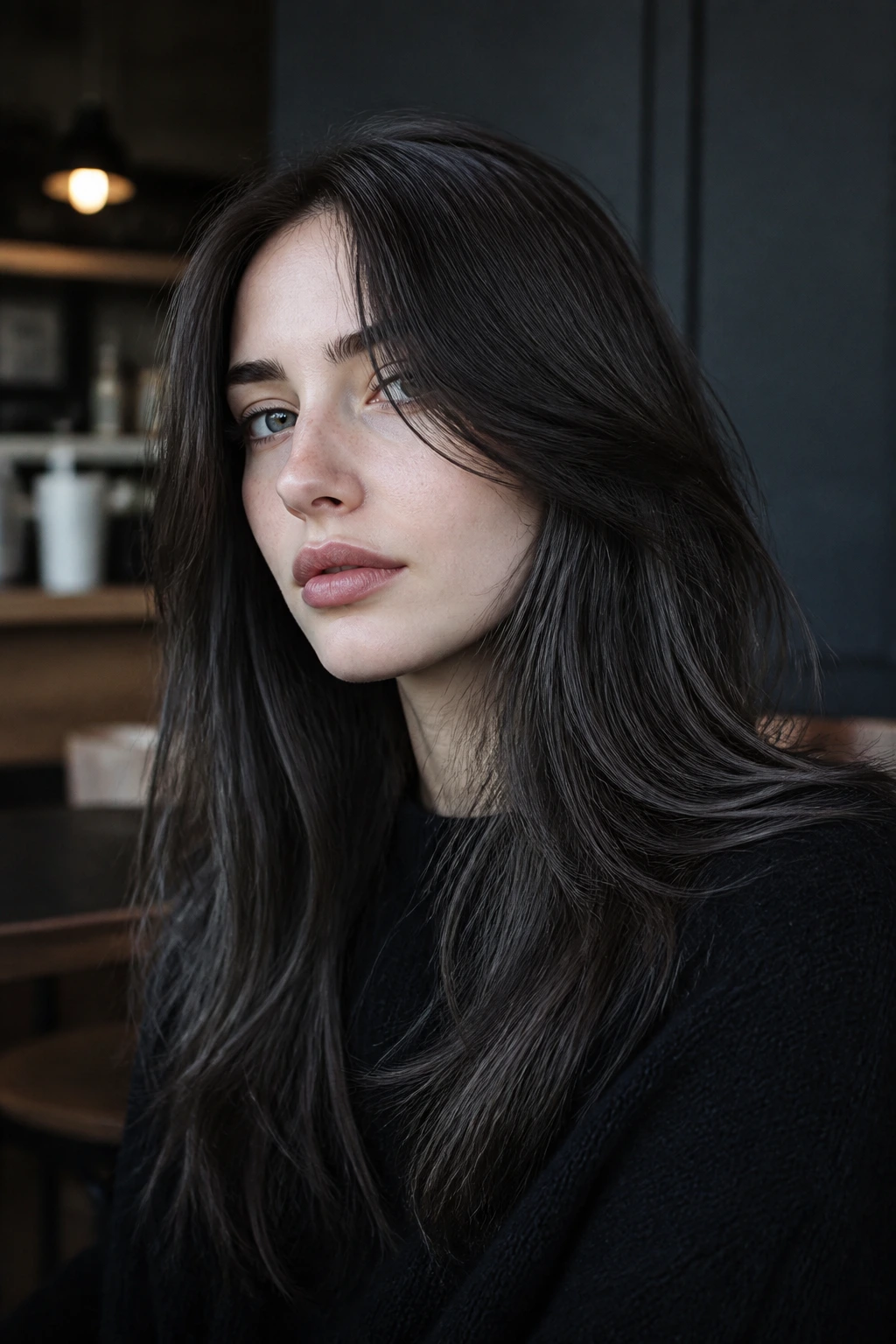 Close-up portrait of a real person with graphite brunette hair.