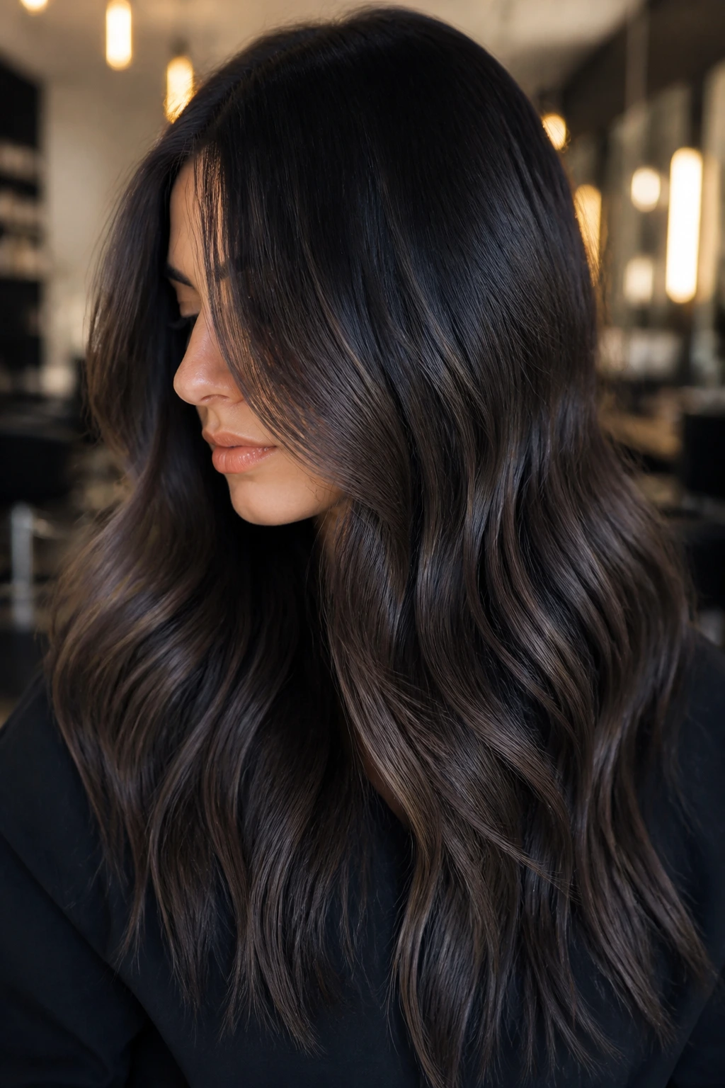 Close-up portrait of a real person with graphite-rooted brunette transitioning to blue-toned brown