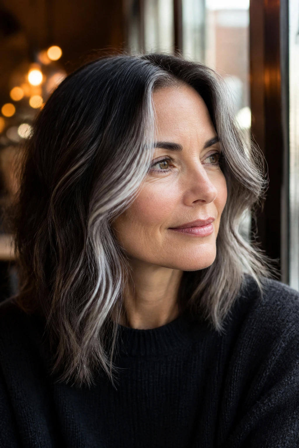 Portrait of a woman with graphite face-framing lights around the face