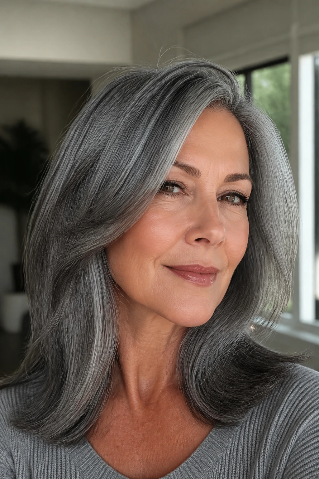 Real woman with metallic graphite glaze on natural gray hair in a modern interior