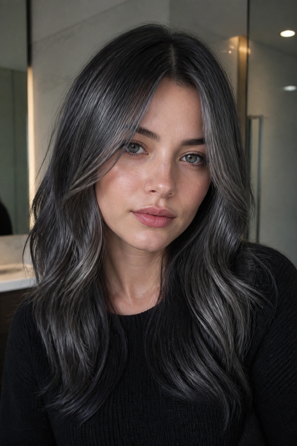 Portrait of a real person with graphite gloss finish in black-silver hair