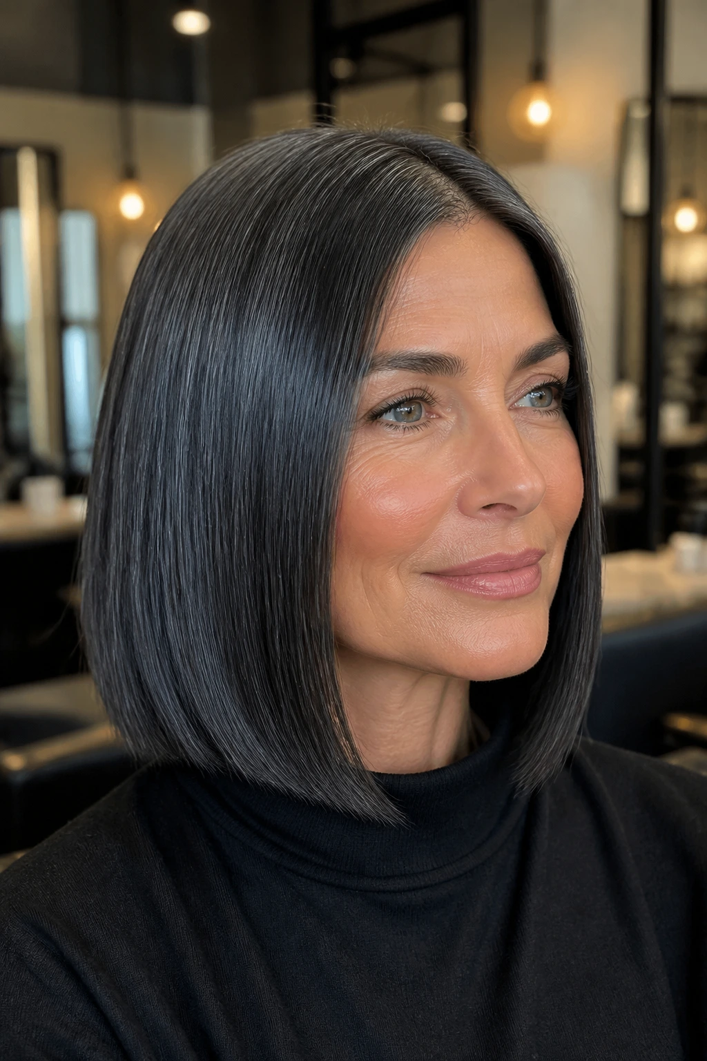 Portrait of a woman with graphite gloss lob hairstyle in a chic salon.