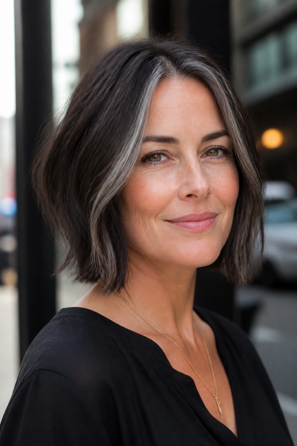 Close-up portrait of a real woman with graphite face-framing highlights on a bob