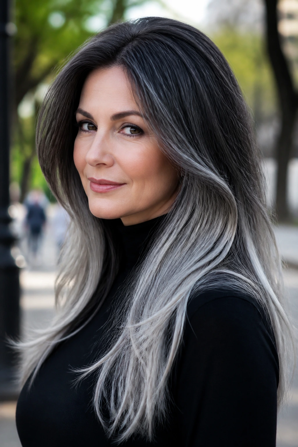 Portrait of a real person with a charcoal-to-silver hair gradient
