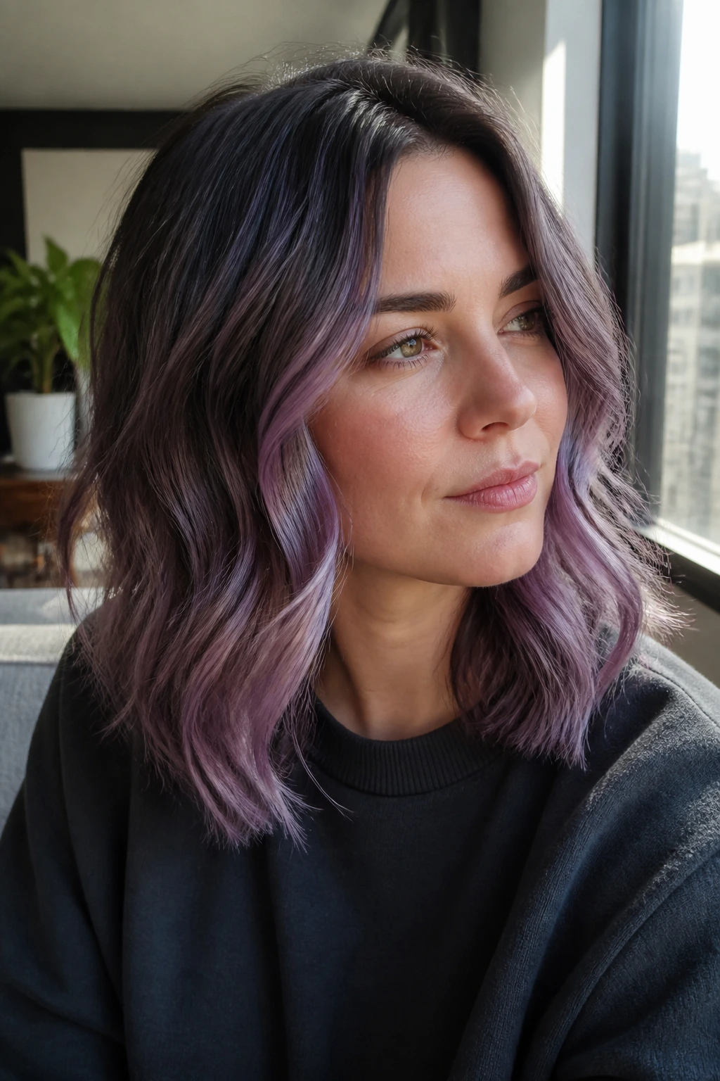 Portrait of a real person with graphite lilac balayage hair near a window.