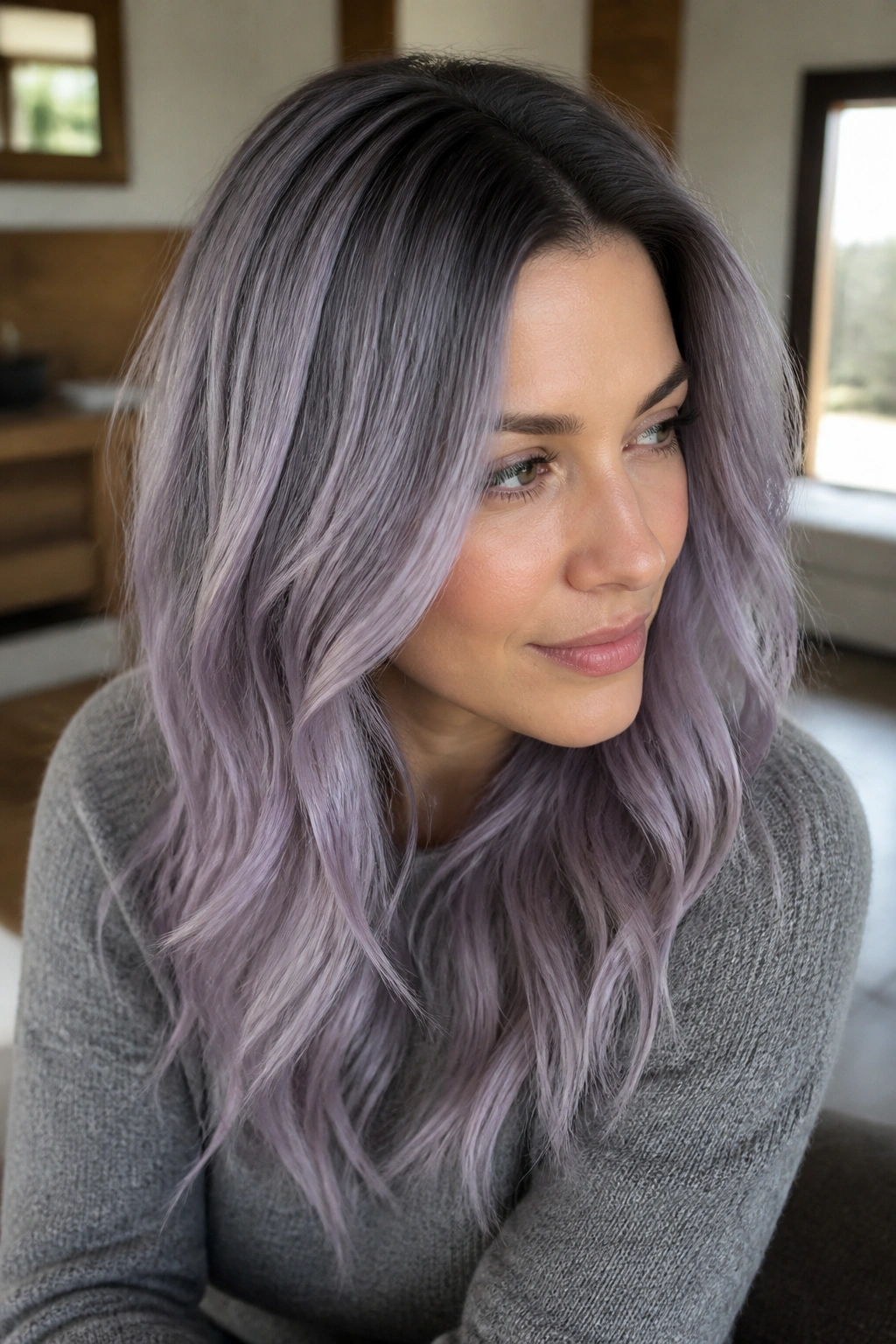 Portrait showing graphite shadow root with lilac ends on a real person