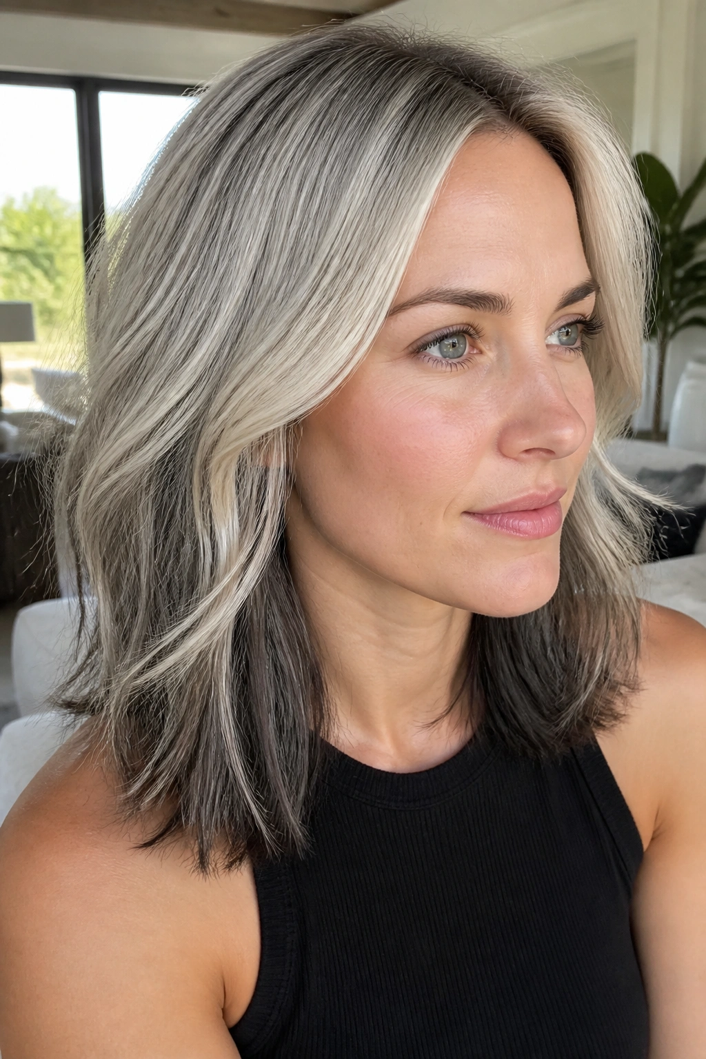 Portrait of a woman with pale blonde hair and graphite lowlights for depth and cooler frame.