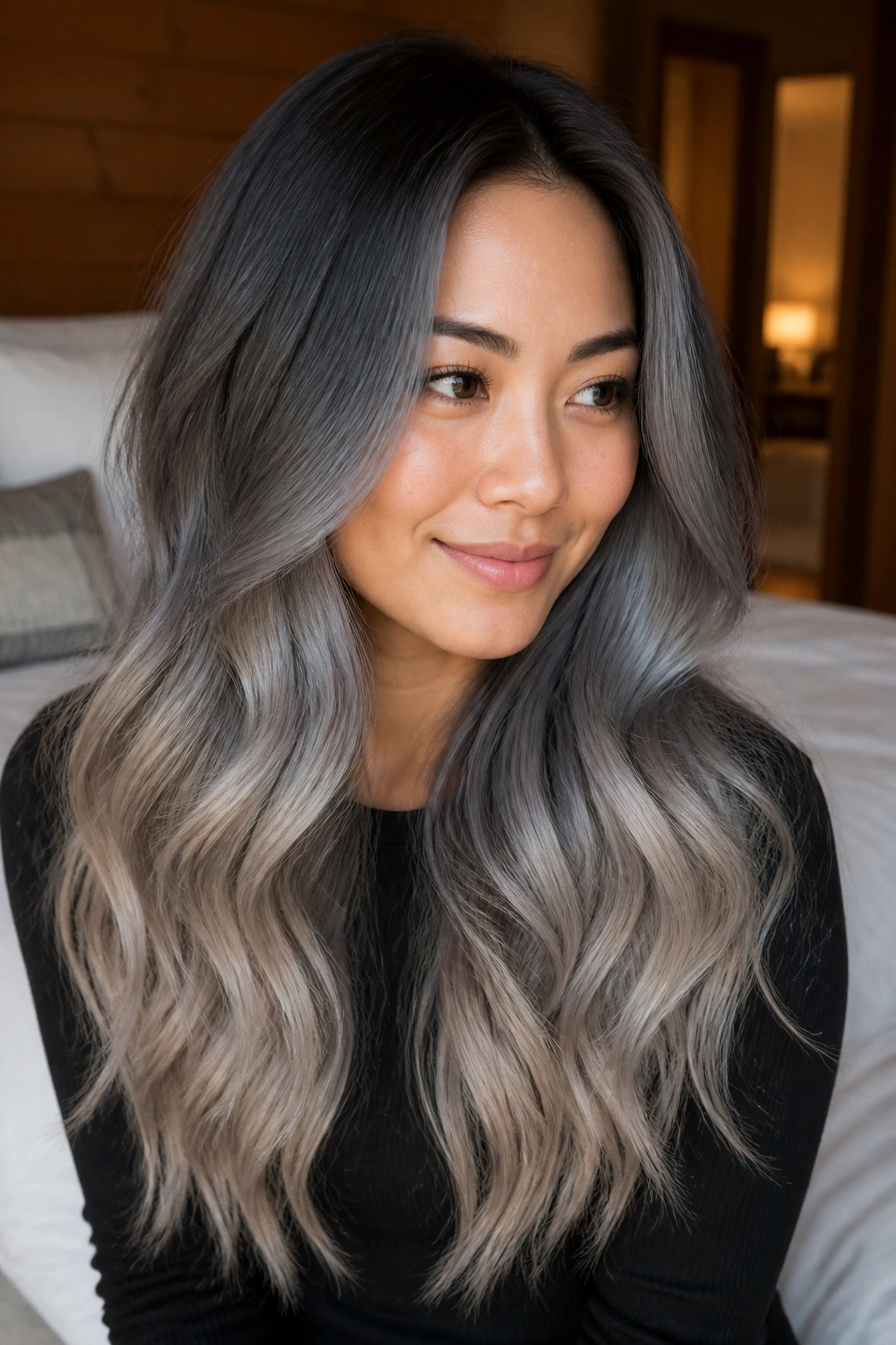 Portrait of a person with graphite melt long hair gradient