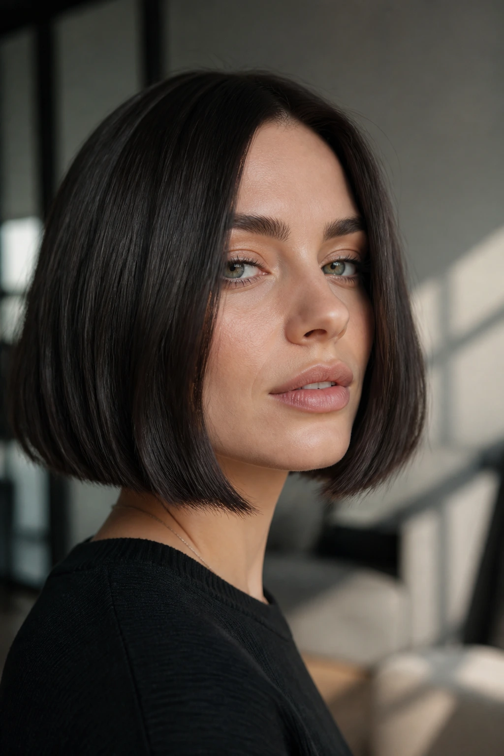 Portrait of a woman with blunt bob in graphite mocha cool tones