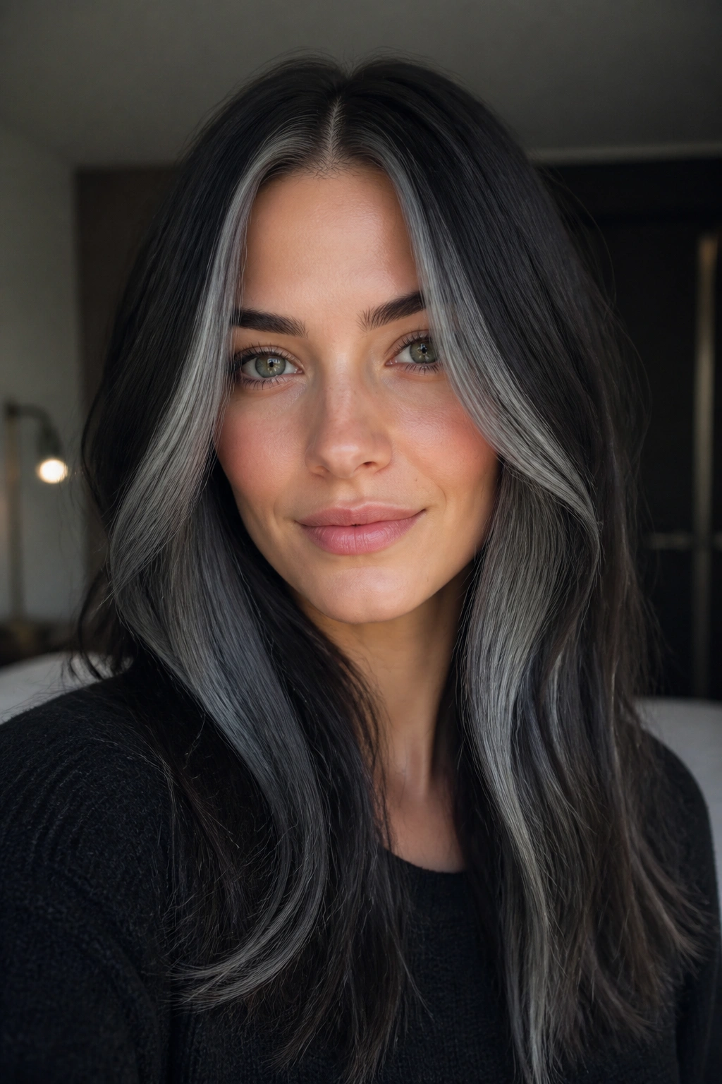 Portrait of a person with graphite money piece framing the face against dark hair.