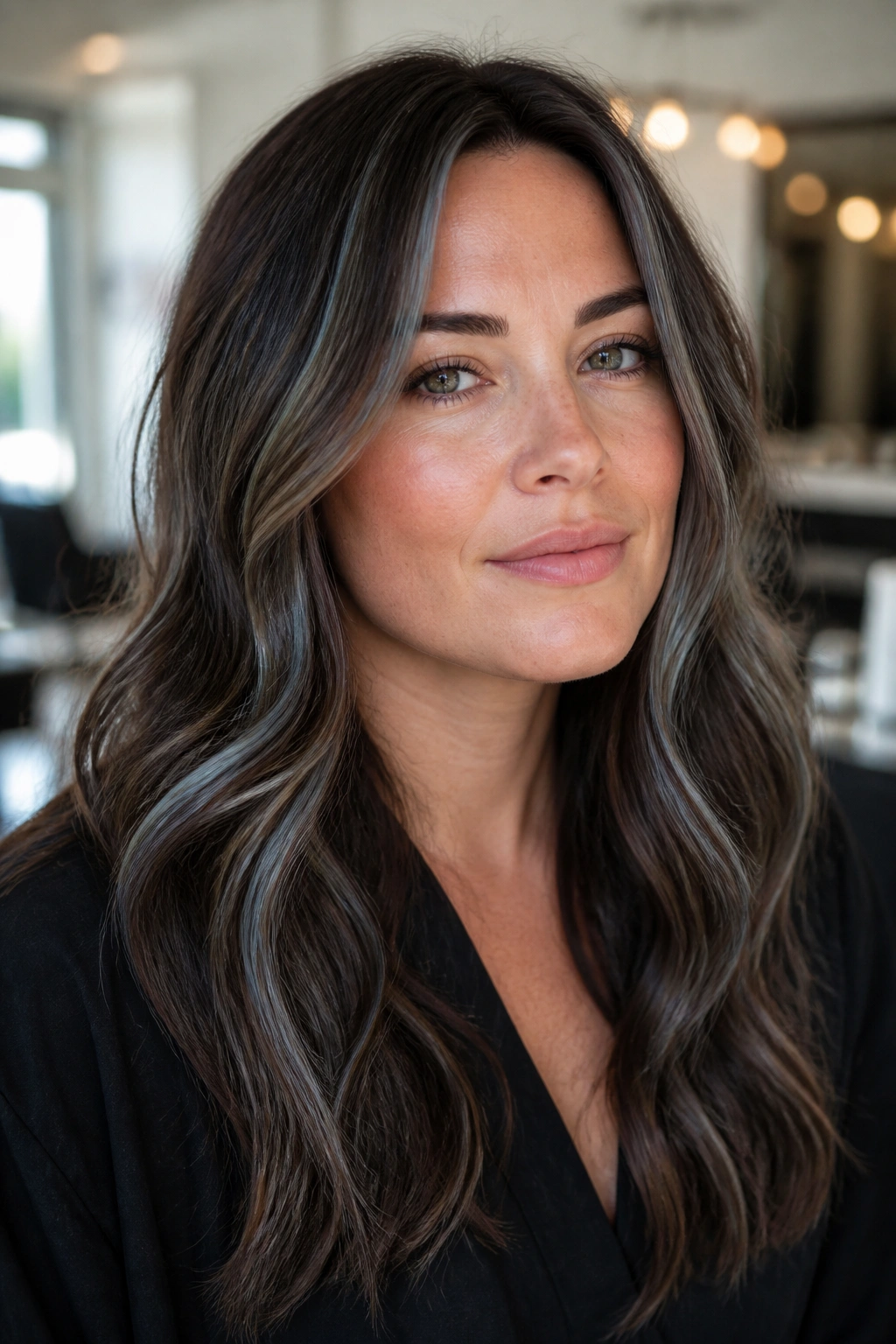 Close-up portrait of a real woman with graphite ribbon highlights woven through brunette hair in a softly lit salon.