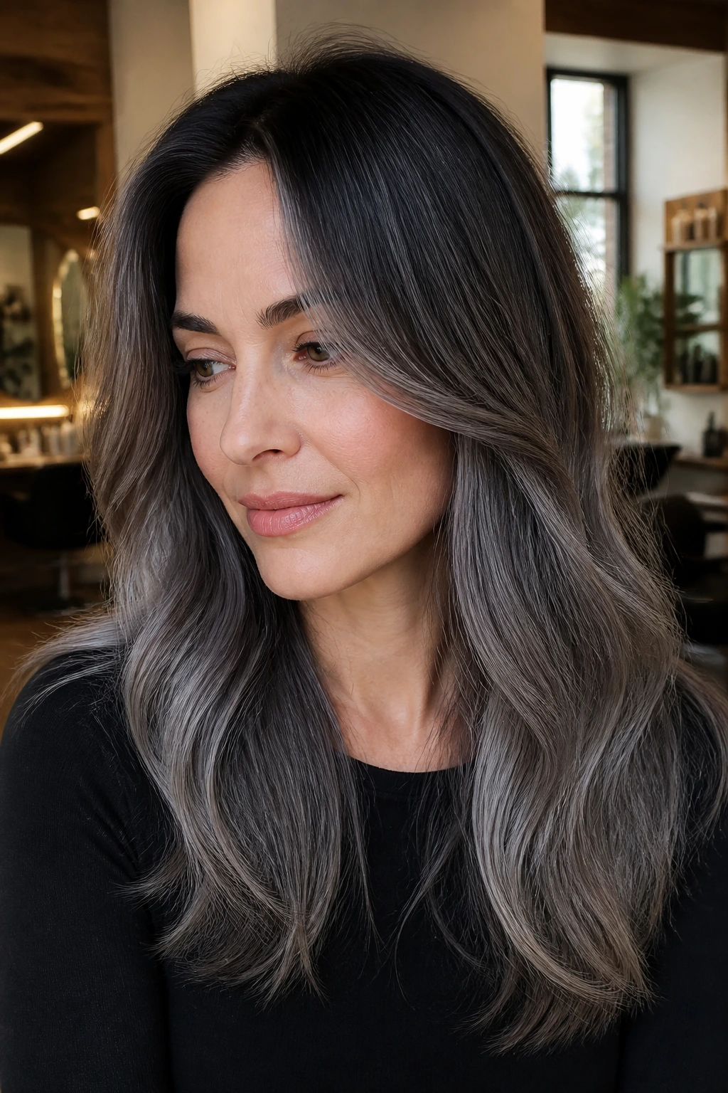 Portrait of a woman with graphite root melt hair color.