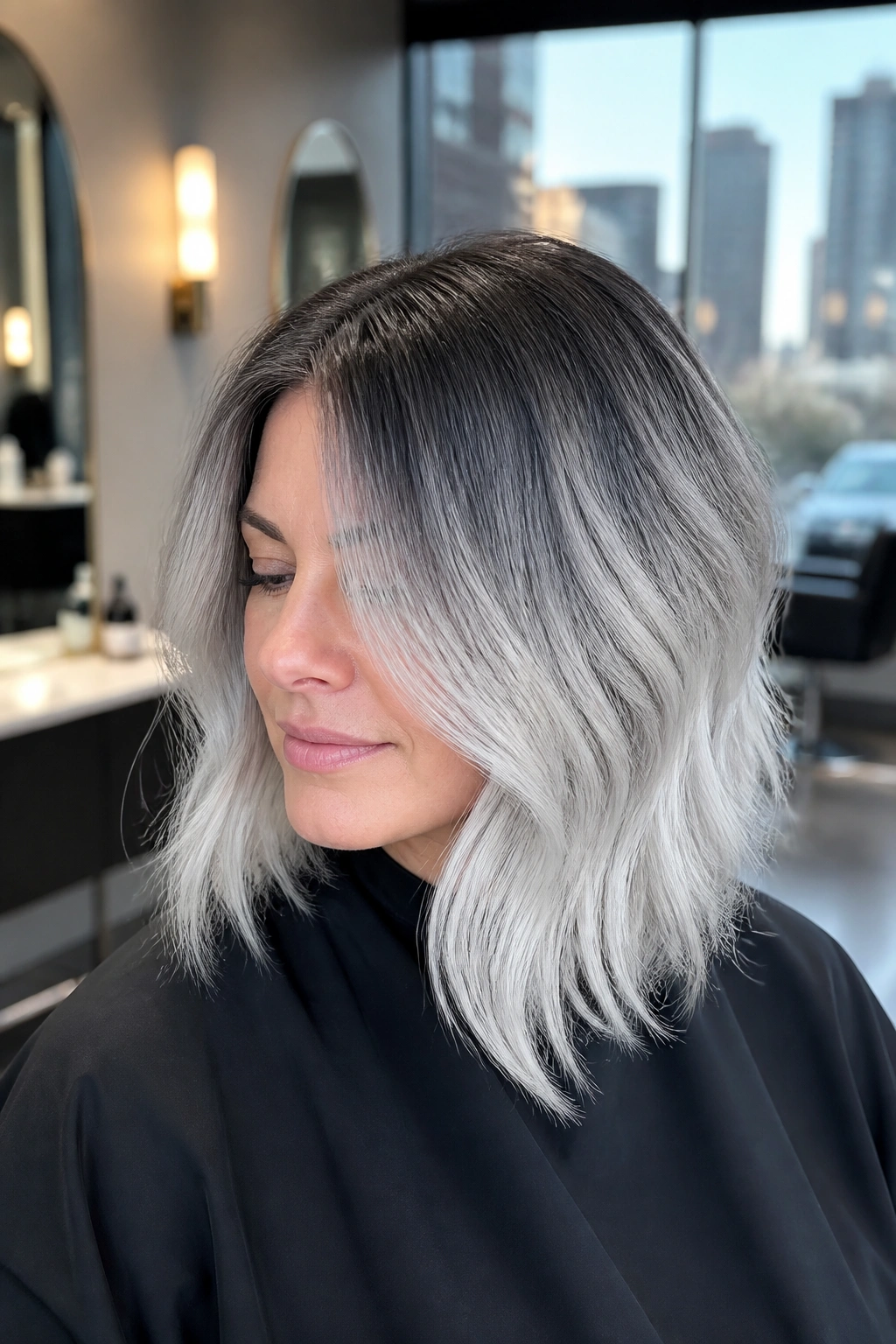 Portrait of a real person with graphite roots and pearl ends in a modern salon setting.