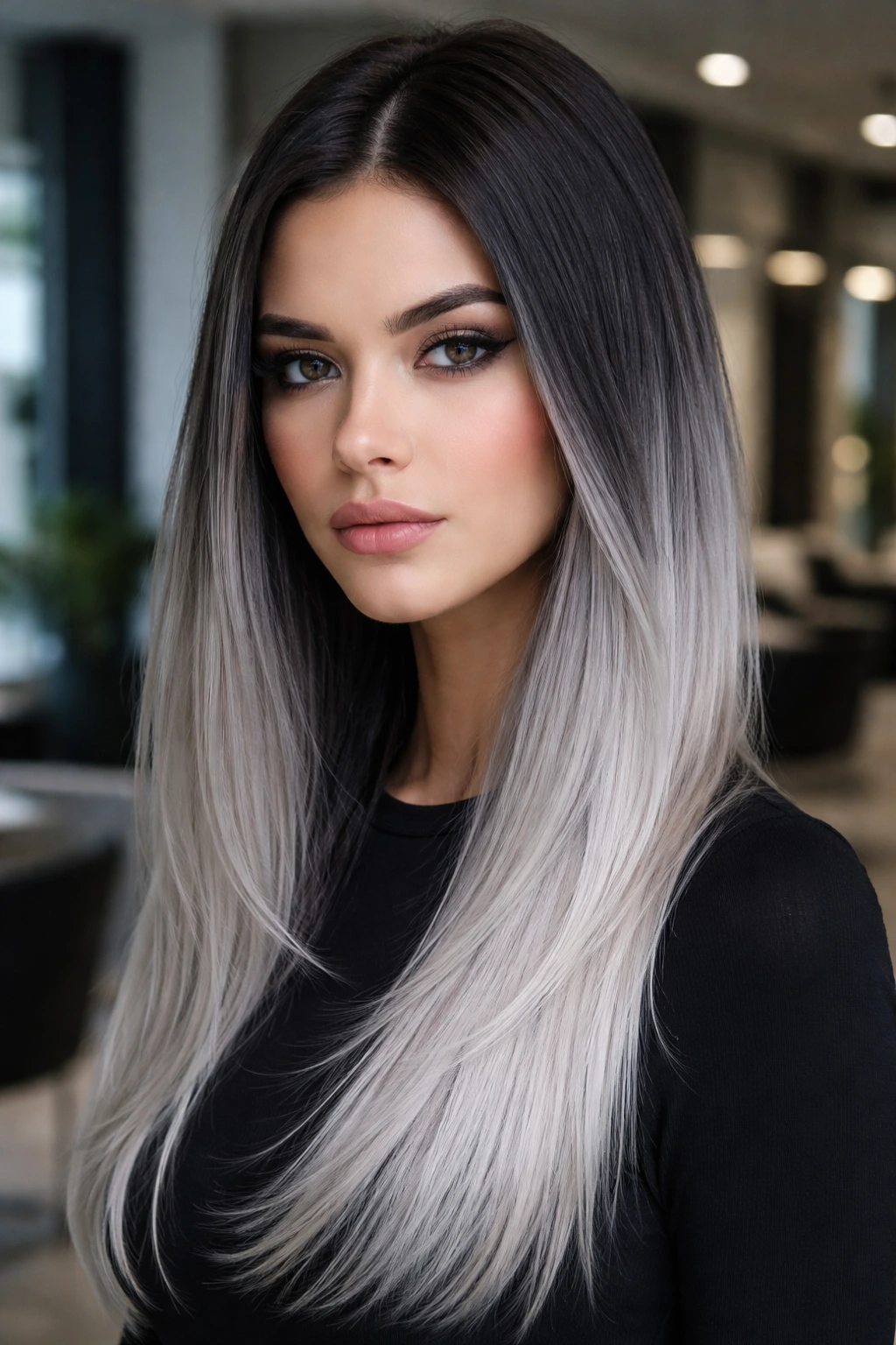 Close-up of a person with graphite roots and silver ends in hair