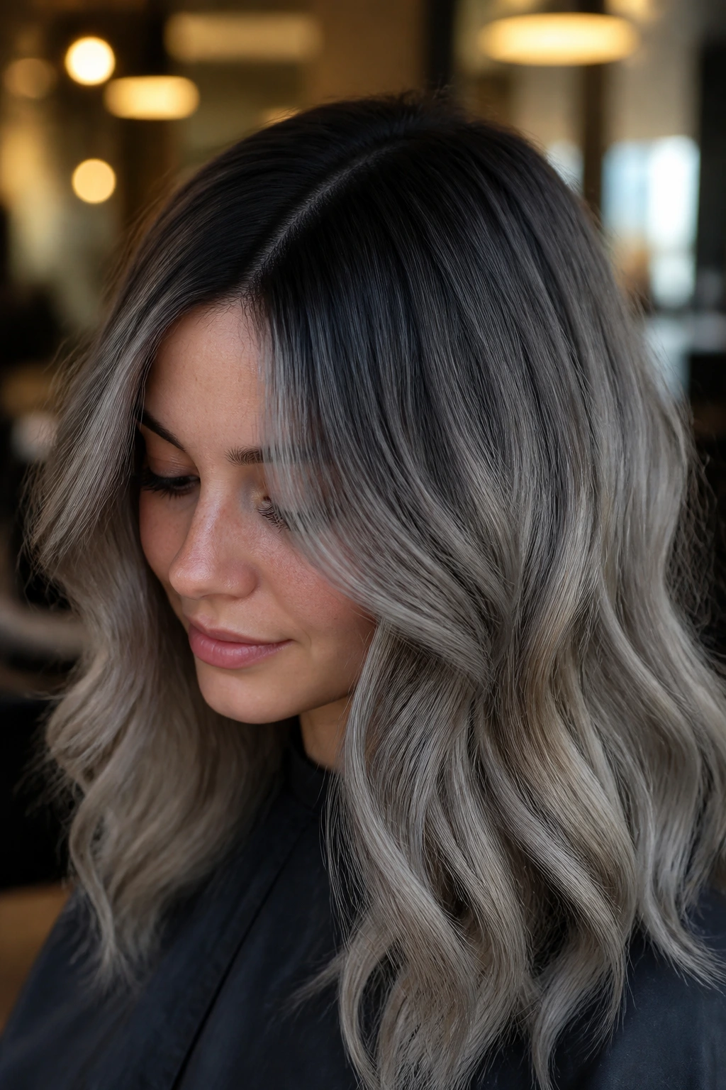 Close-up of a real person showing graphite shadow root transitioning to ash hair.