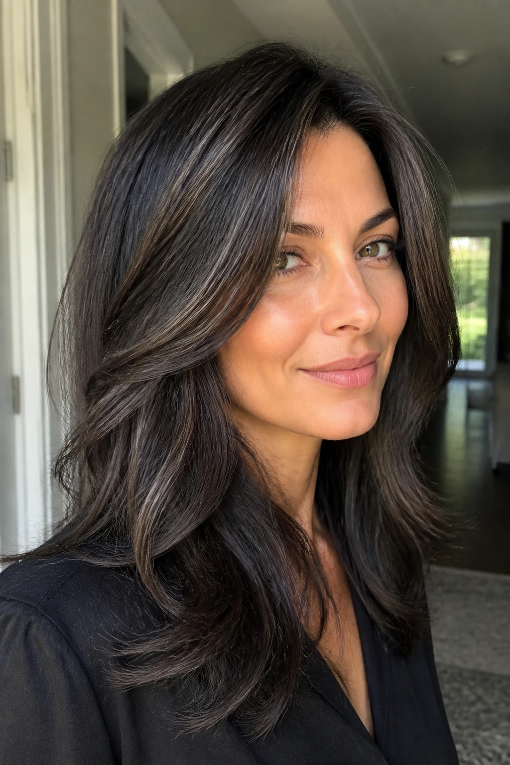 Close-up of brunette with graphite shimmer highlights