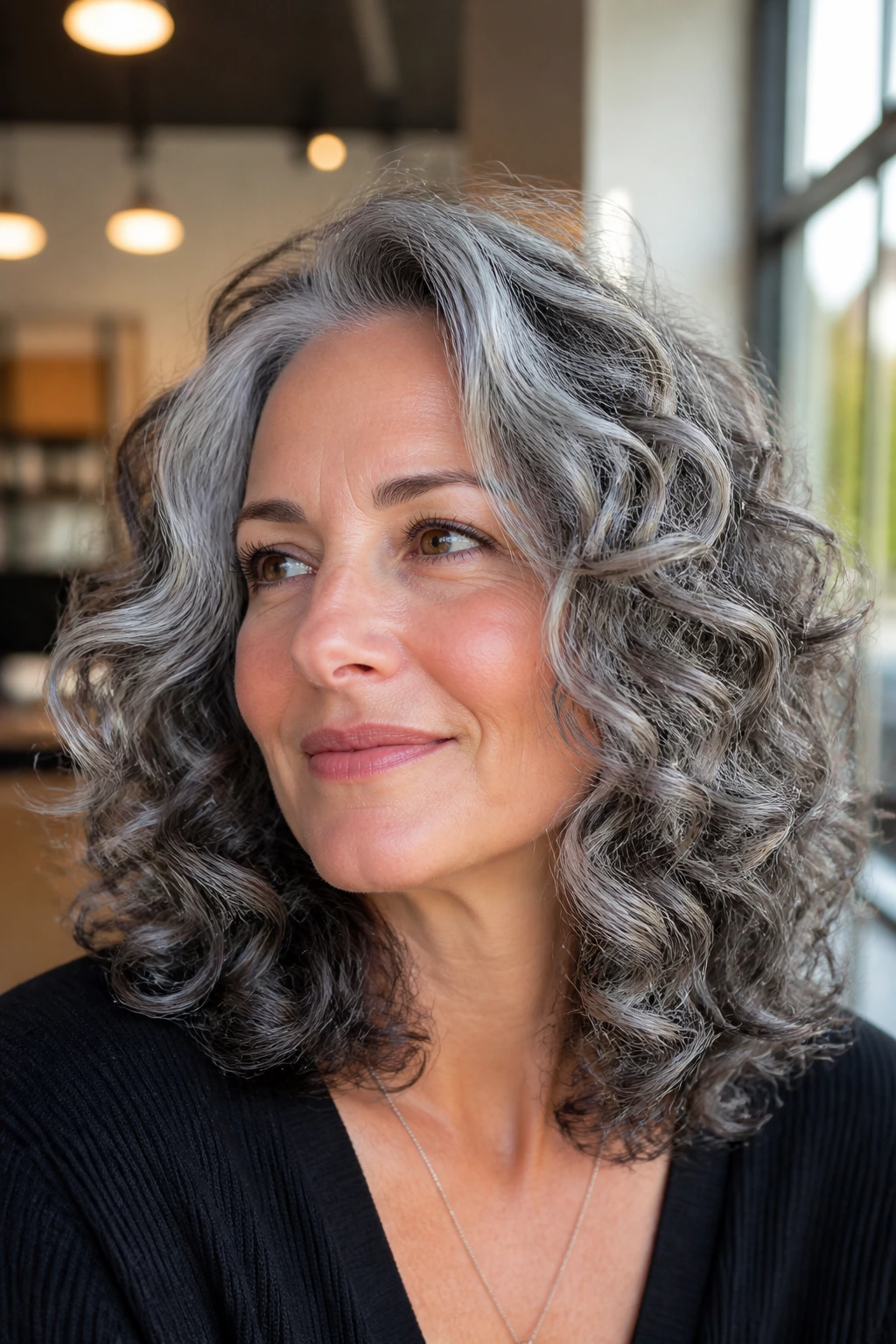 Close-up of a real woman with graphite-silver curls showing depth and contrast