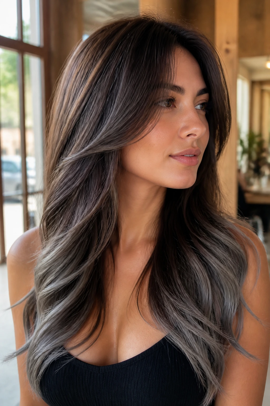 Close-up of a real woman with long layered brown hair and graphite-tipped ends in a sunlit salon