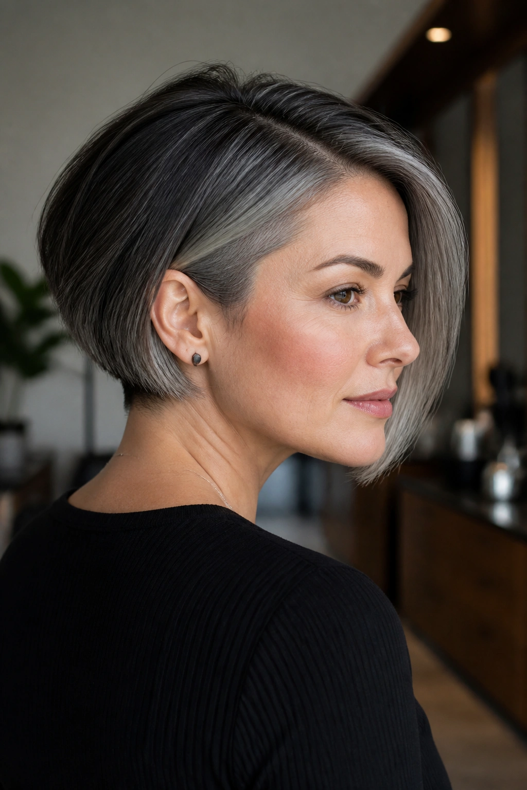 Close-up portrait of a real woman with a graphite undercut bob, dark nape undercut and lighter top layer