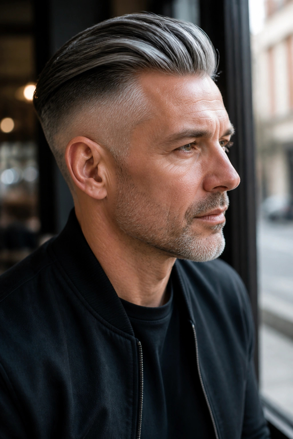 Man with graphite undercut, close-up hair color portrait.
