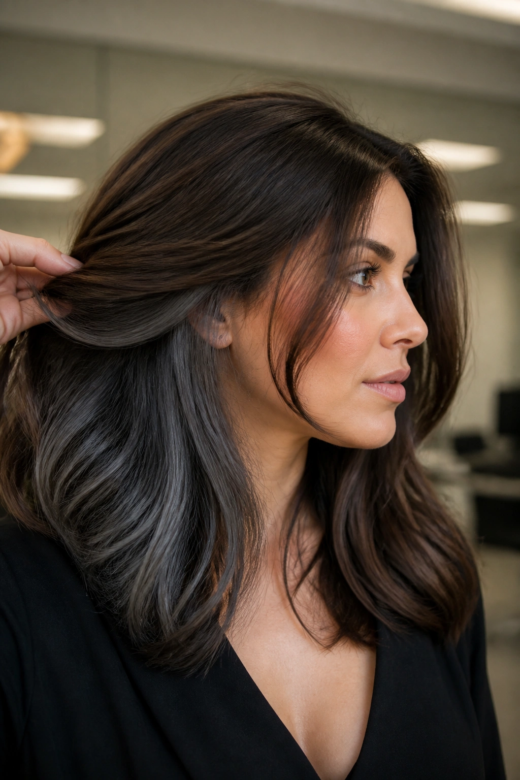 Portrait showing graphite underlayers in brown hair with movement